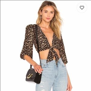 Faithfull The Brand La Guardia Leopard Tie front Top puff sleeve v neck Blouse